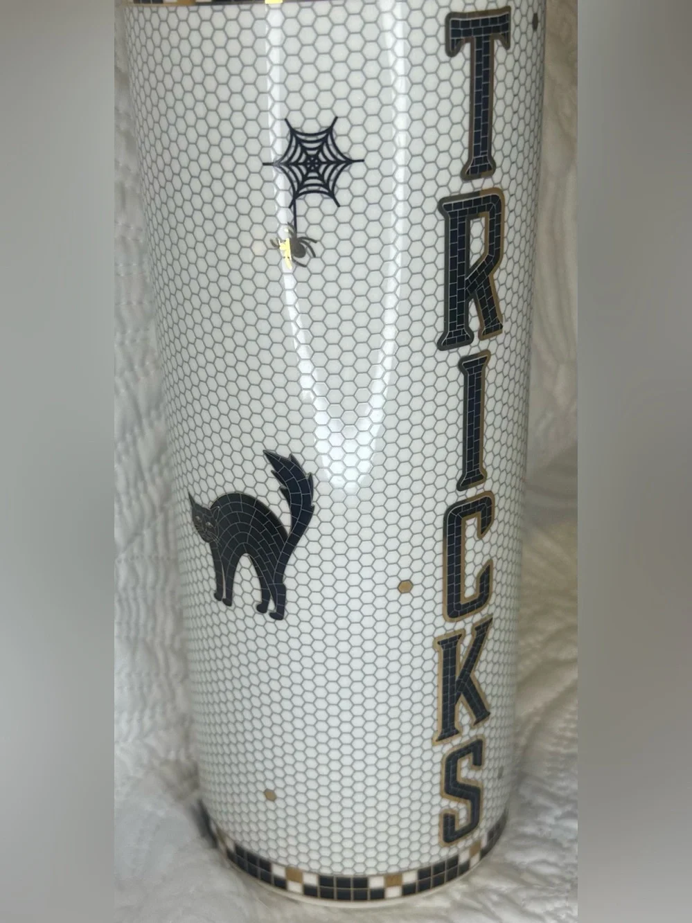 🖤 👻 🎃 New Anthropologie Bistro Tile Halloween Tricks Canister White 🖤 👻 🎃